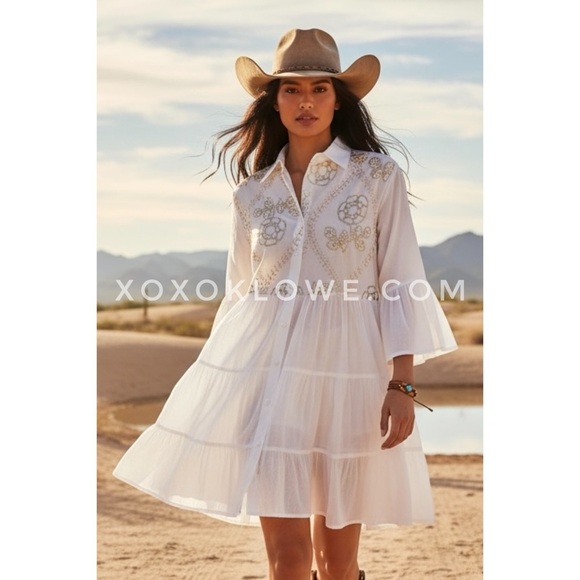 POL Dresses & Skirts - POL White Embroidered Tiered Mini Dress | Ruffle Sleeve Button Front Collared